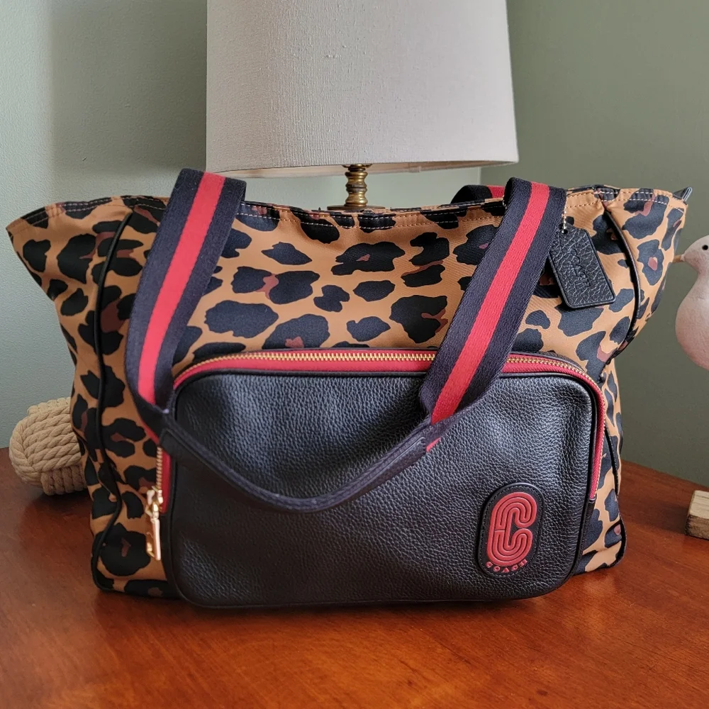 Coach C5668 Court Leopard Print Nylon Tote Pebbled Leather Black Tan Bag